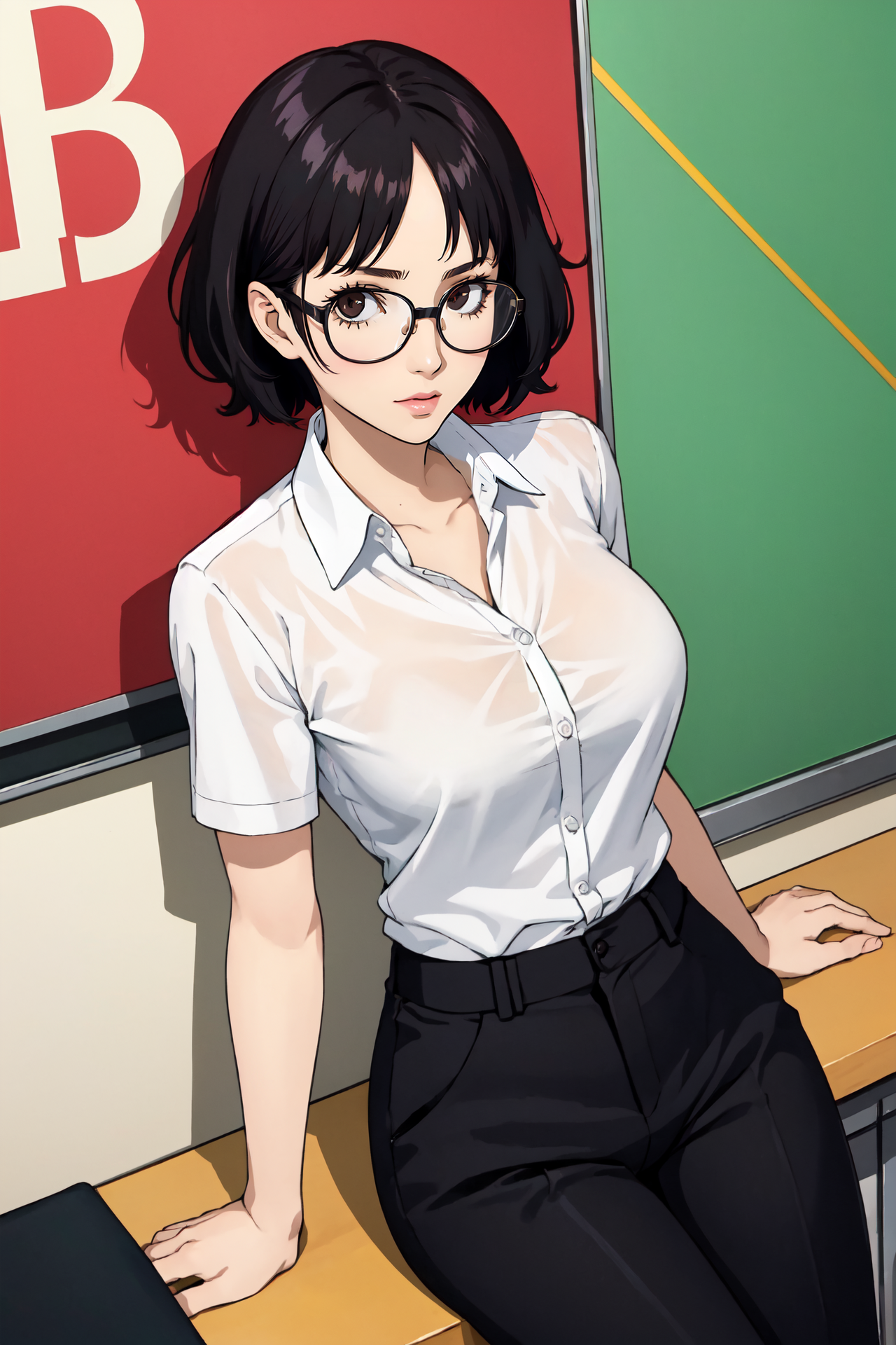 14057-1821415801-(best quality_1.2), (looking at viewer_1.5), short hair, messy hair, black hair, large breasts, 30 years old girl,  teacher, cap.png